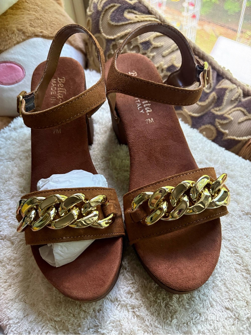 Bella Vita Brown Suede Heel Sandals with Gold Chain Accent